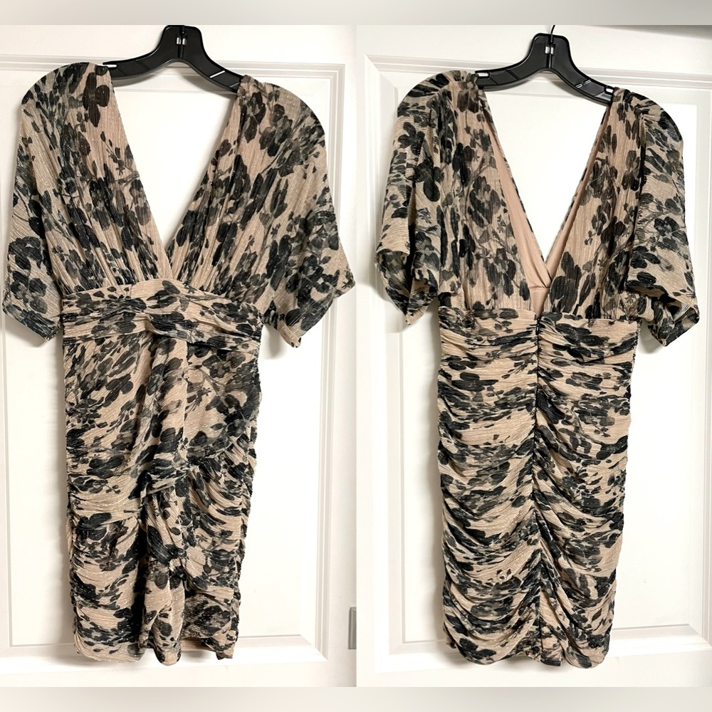 BCBGMAXAZRIA Abstract Floral Printed Gold Metallic Body-con Mini Dress